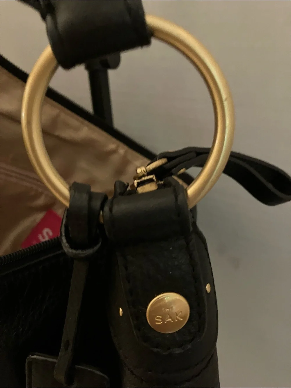 Black Pebbled Leather Hobo with Gold Ring Accents